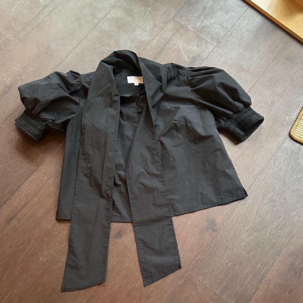 Carolina Nantucket Black Puff Sleeve Blouse with Tie